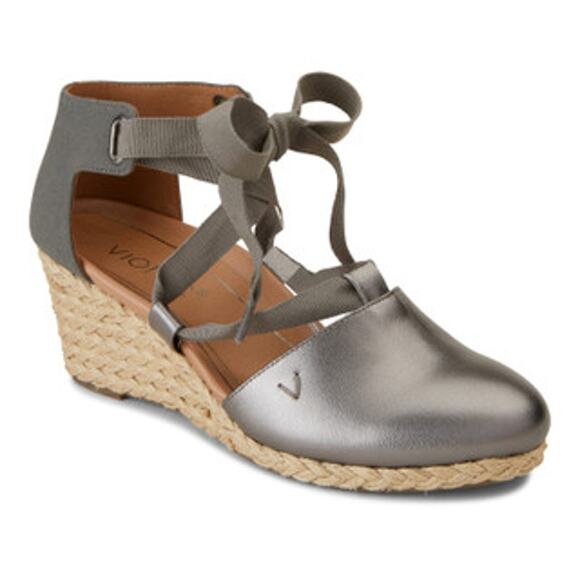 Vionic Kaitlyn Women's Wedge Orthotic Sandal metallic silver tie ankle sz 8 $130 - Picture 1 of 6